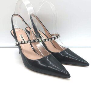 Miu Miu Crystal-Strap Pumps Black Patent Leather Size 37.5 Pointed Toe Heels